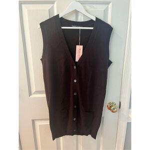 WoolOvers Brown Wool & Cashmere Long Line V-Neck Cardigan Vest sz M NWT